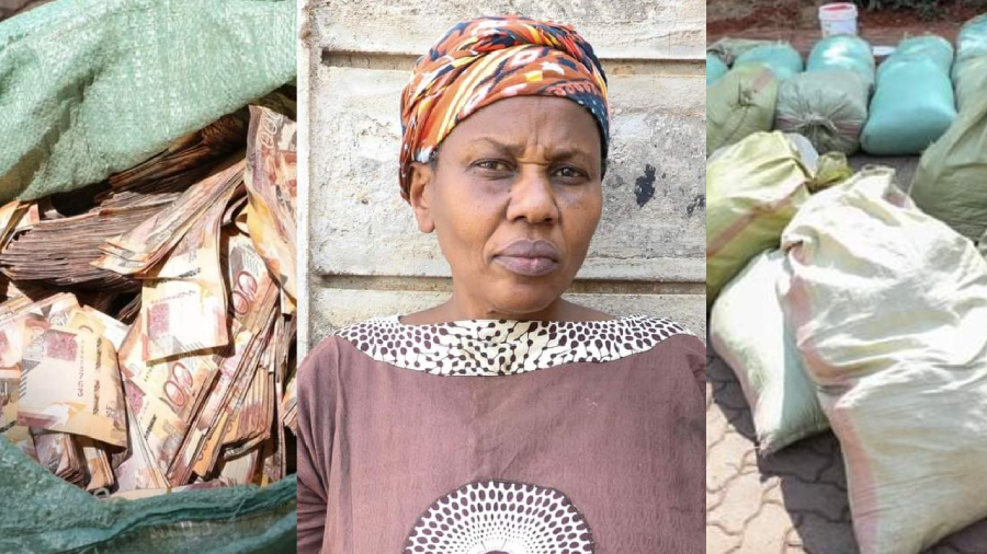 Composite image of 54-year-old Teresia Wanjiru, amount of money and Bhang she was nabbed with.